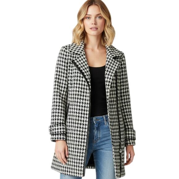 Calvin Klein Womens Houndstooth Coat Wool Blend Black Ivory Zipped Jacket Sz 8 - Picture 1 of 16